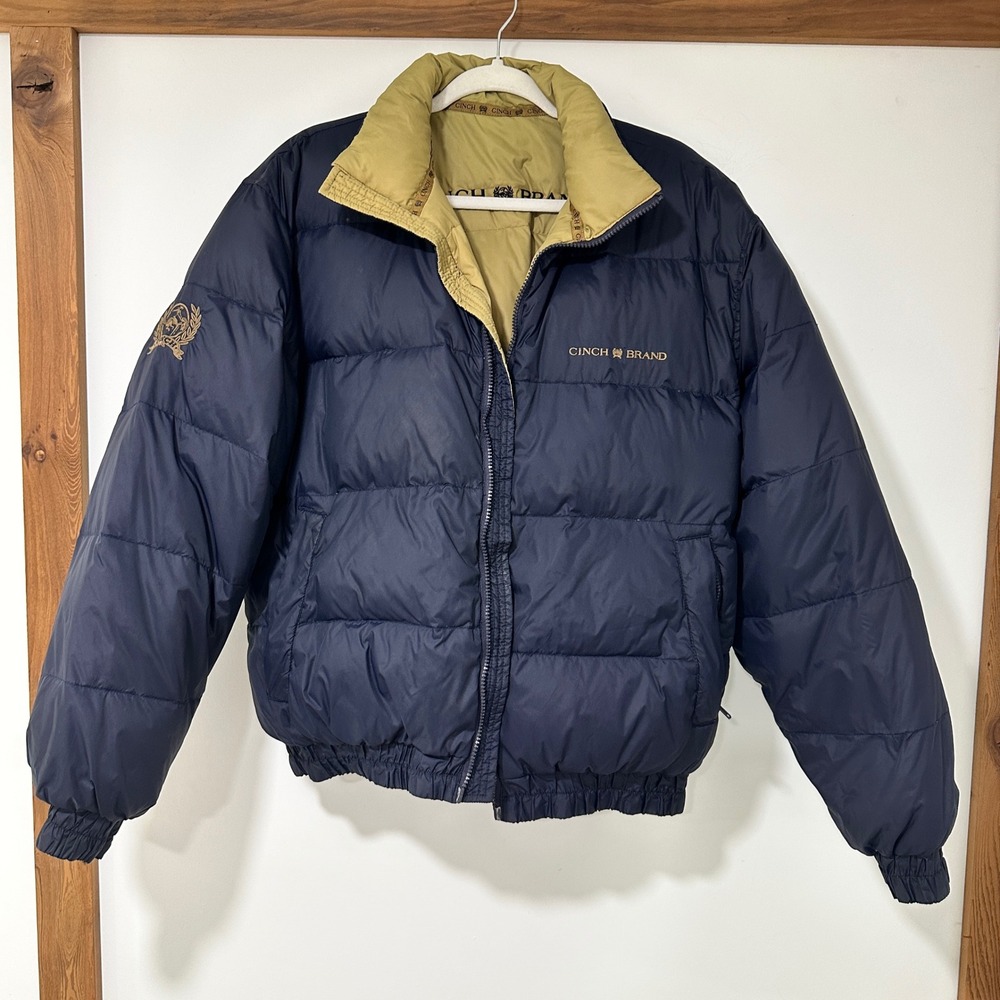 Cinch Reversible Down Puffer Jacket Mens M Navy Tan Western Full Zip Flawed